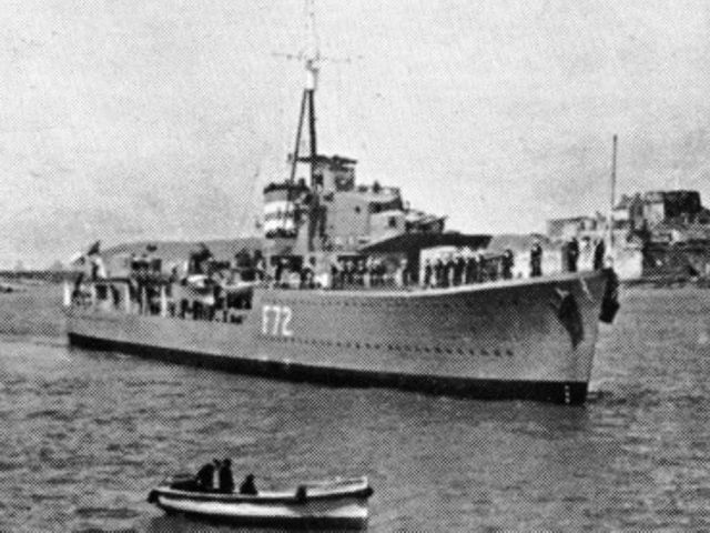 HMS Jersey approaching harbour Elizabeth Castle behind